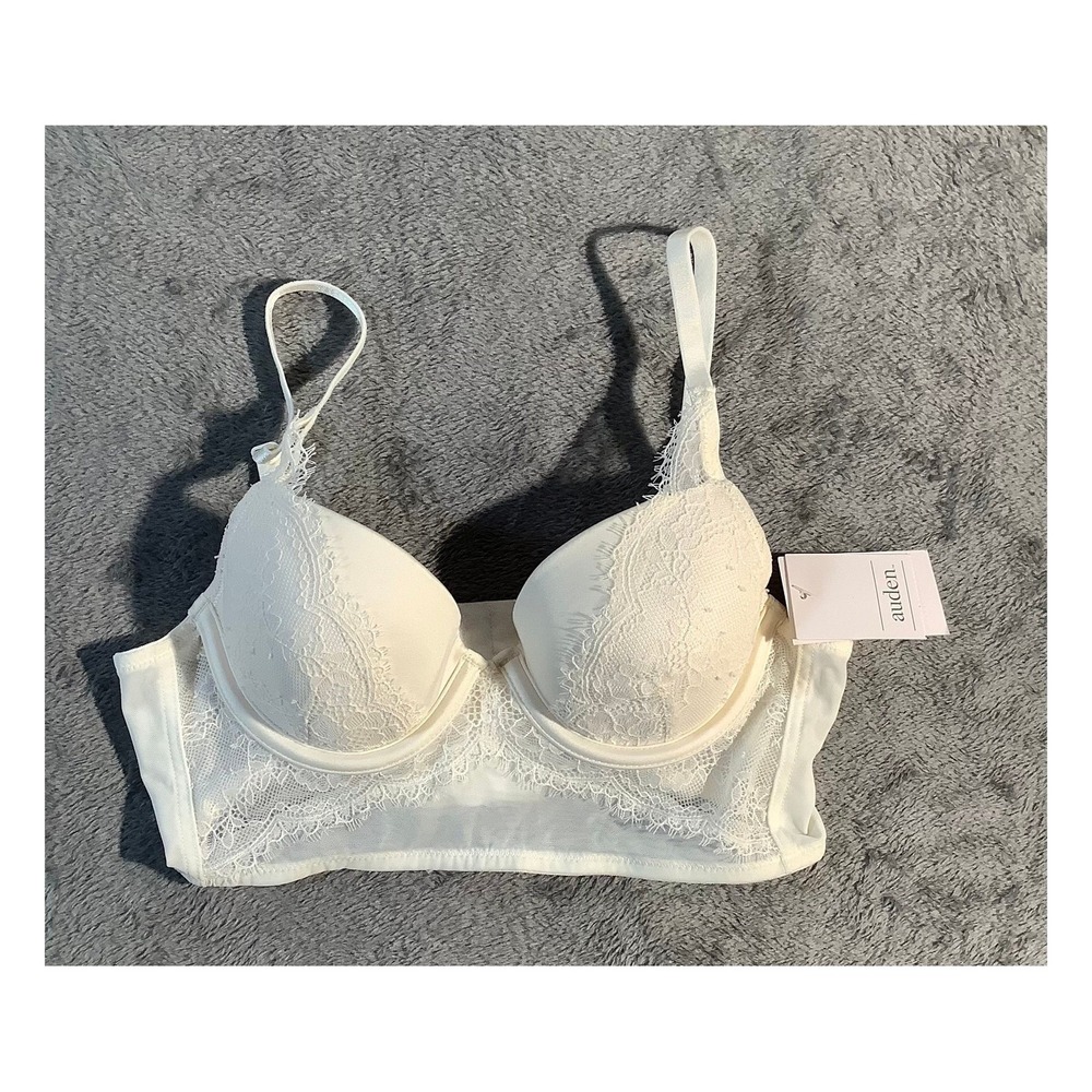 Auden White Lace Long‎ Line Bra Lightly Lined Demi Coverage Underwire 32A NWT
